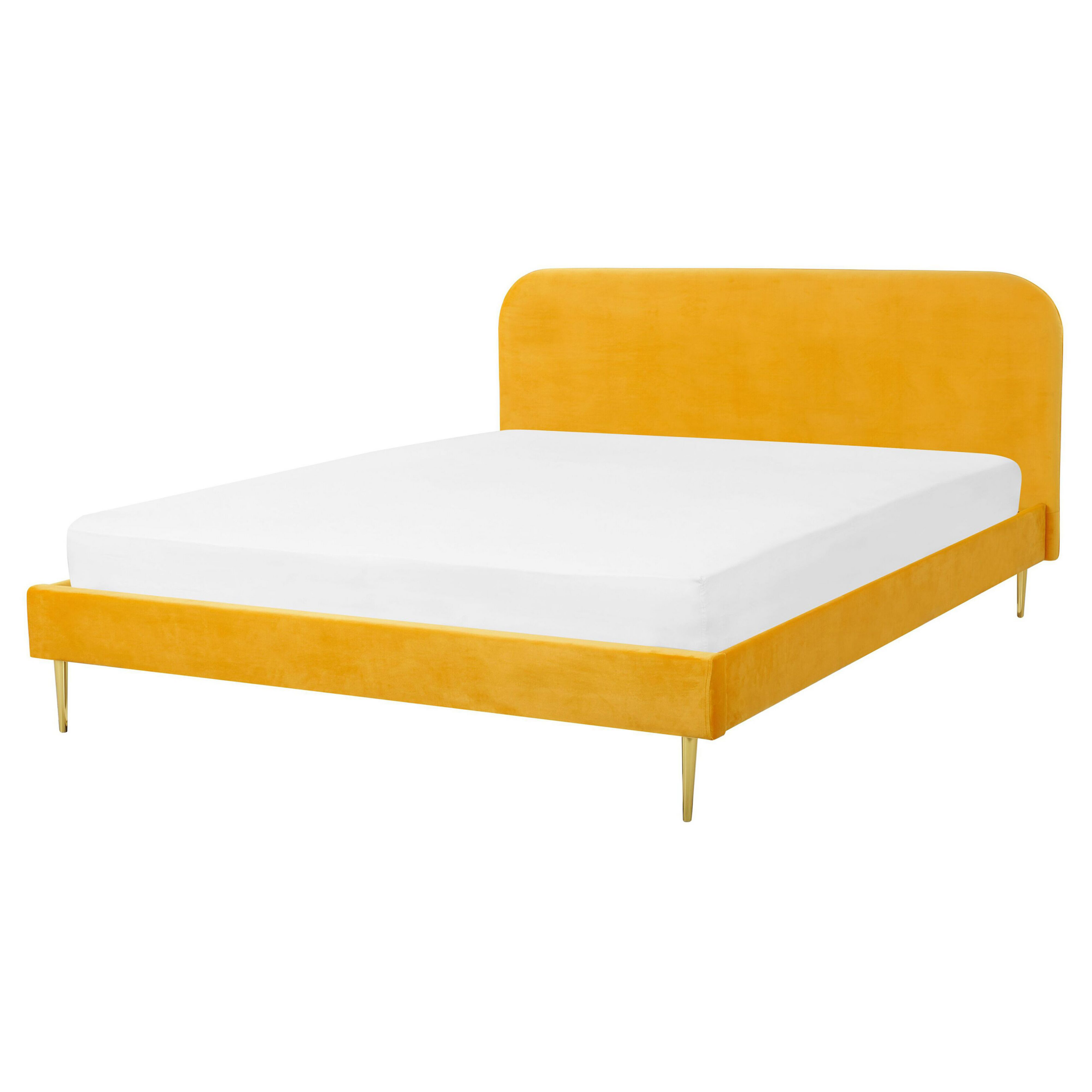Beliani Bed Yellow Velvet Upholstery EU King Size Golden Legs Headboard Slatted Frame 5.3 ft Minimalist Design