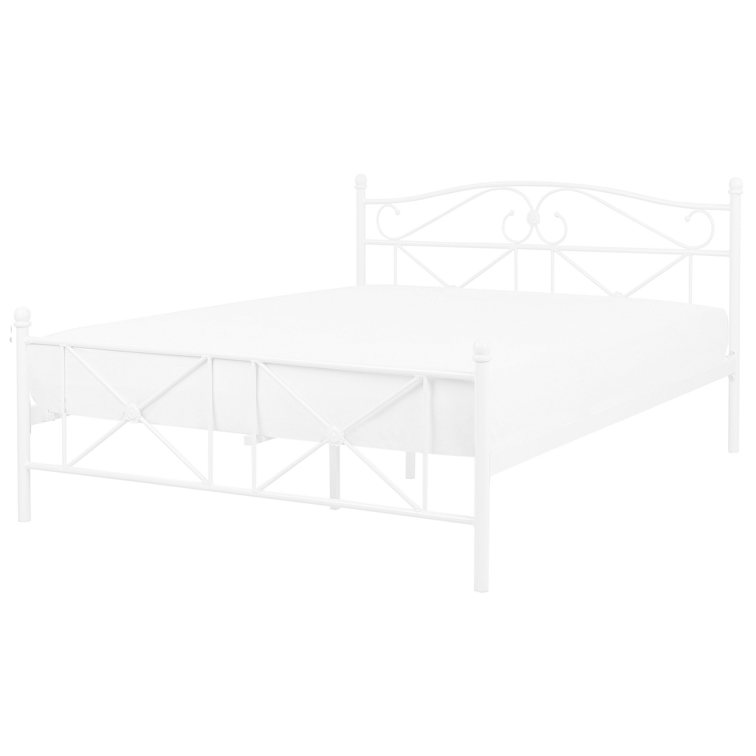 Beliani EU Double Size Panel Bed 4ft6 White Metal Frame Slatted Base Retro
