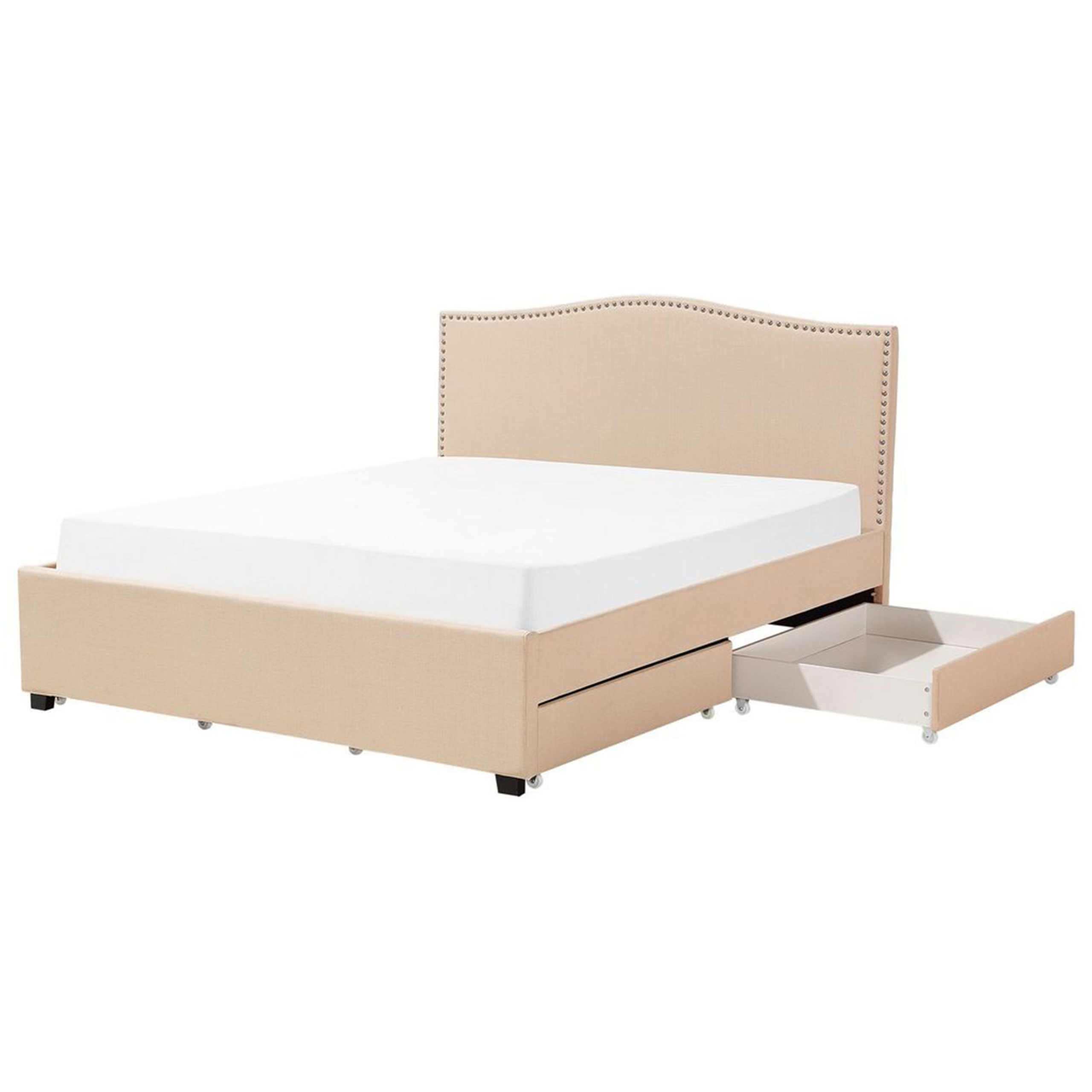 Beliani Bed Frame Beige Polyester Upholstered Drawer Storage 6ft EU Super King Size Traditional Design