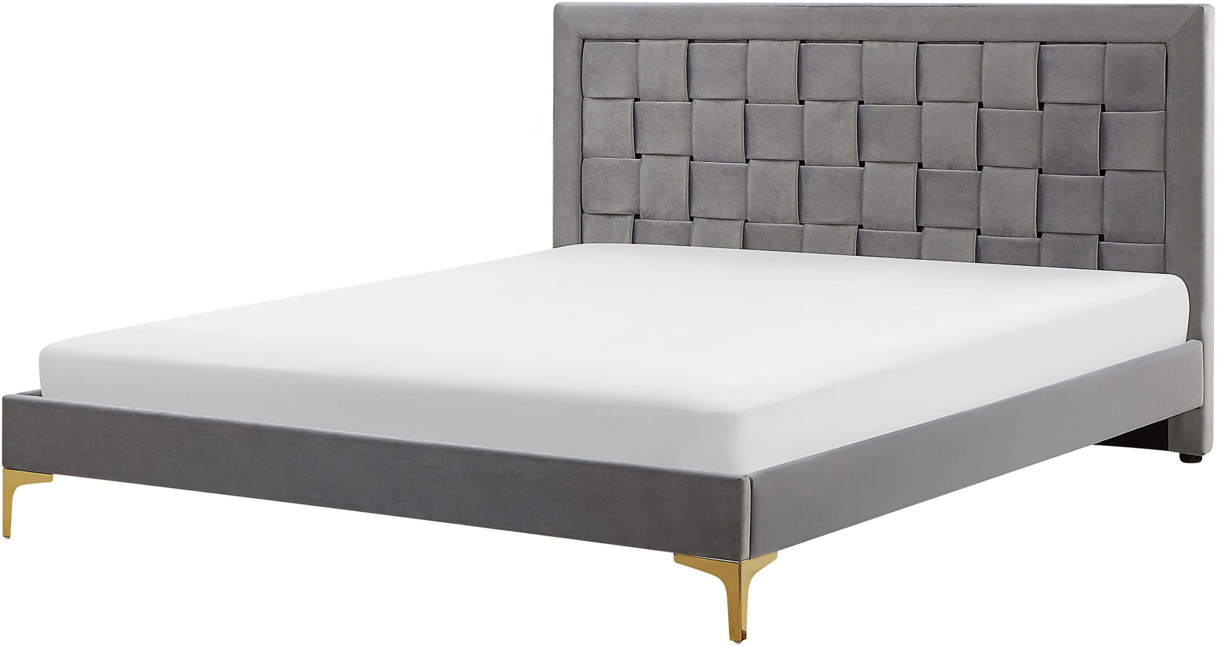 Beliani Upholstered Bed Frame EU King Size 5ft3 Grey Headboard Velvet Golden Legs