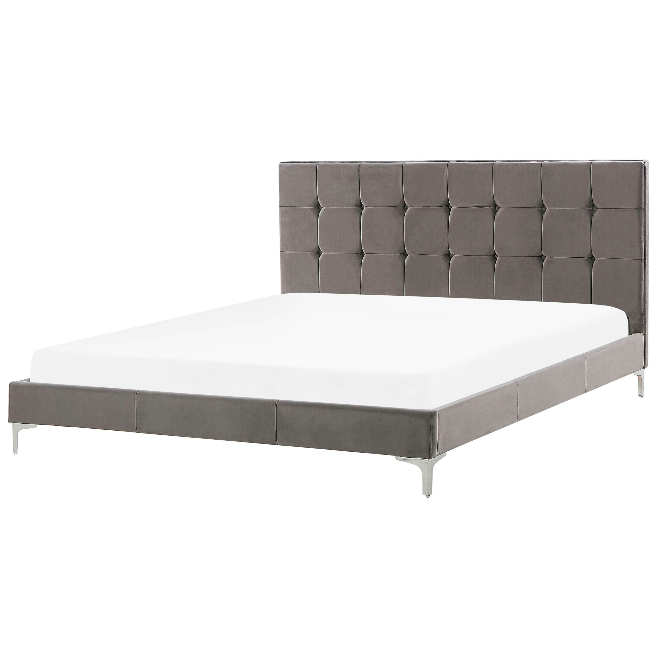 Beliani Bed Frame Grey Velvet Upholstery EU Double Size 4ft6 with Sprung Slatted Base and Button-Tufted Headboard