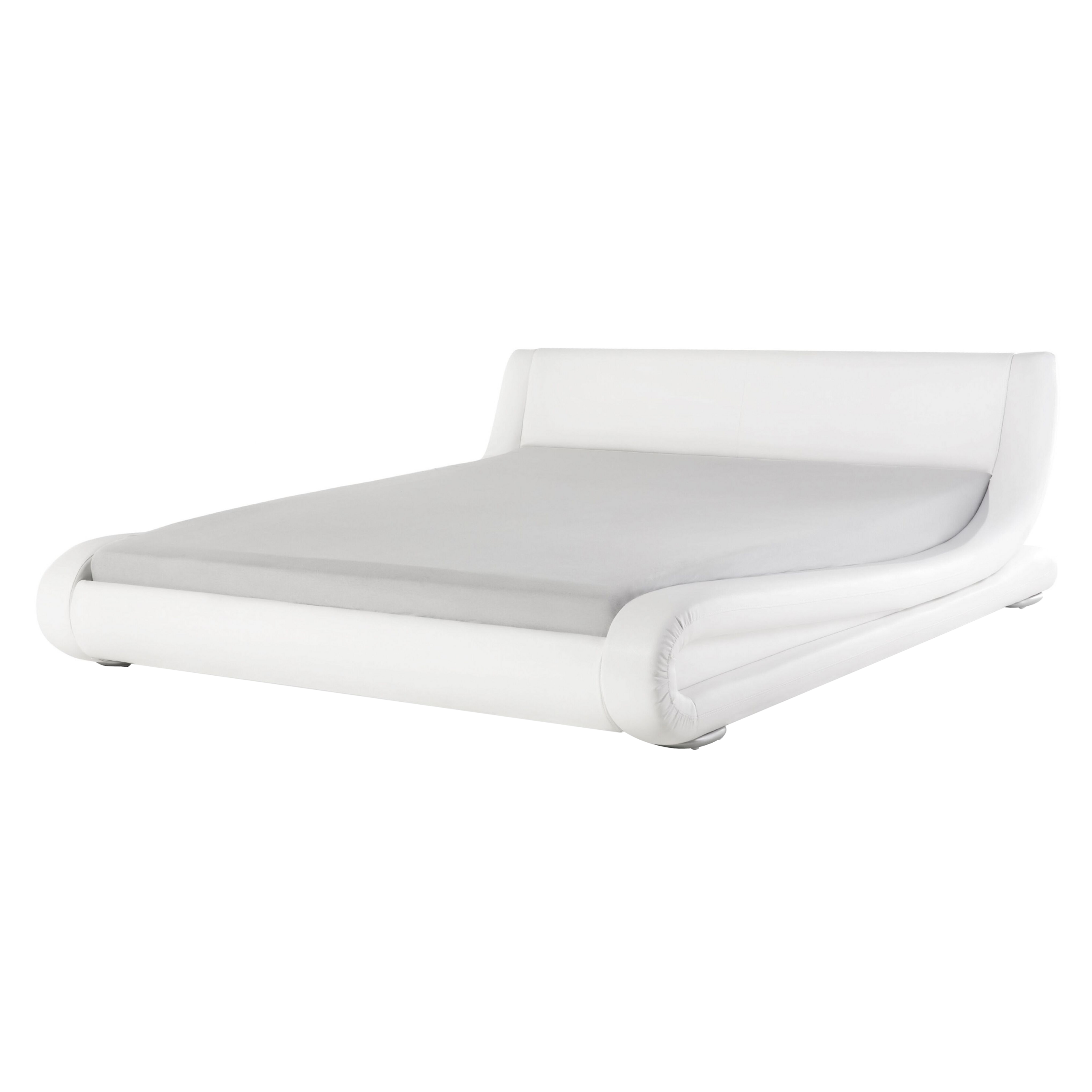 Beliani Platform Bed Frame White Genuine Leather Upholstered 5ft3 EU King Size Sleigh Design