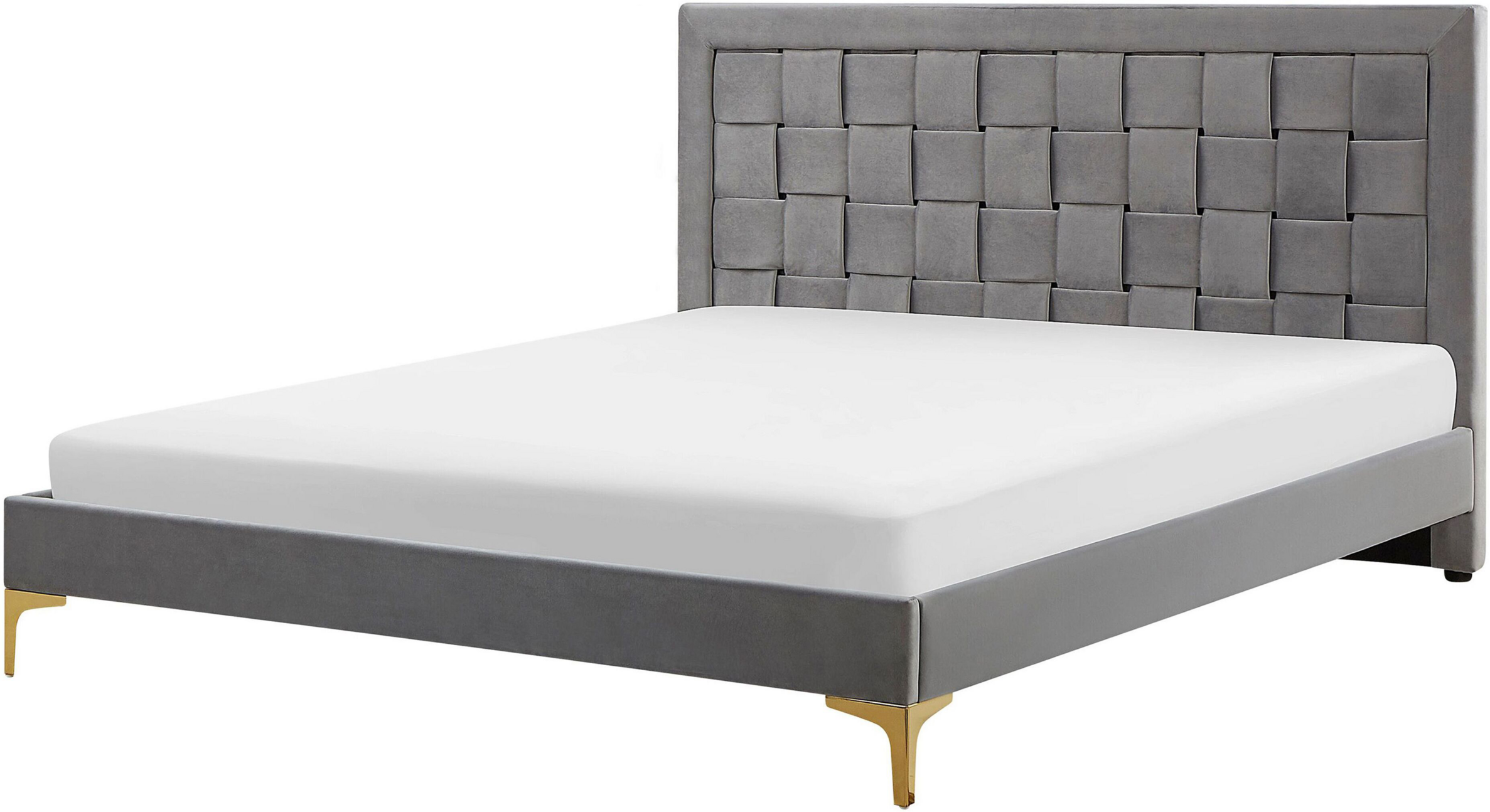 Beliani Upholstered Bed Frame EU Double 4ft6 Grey Headboard Velvet Golden Legs