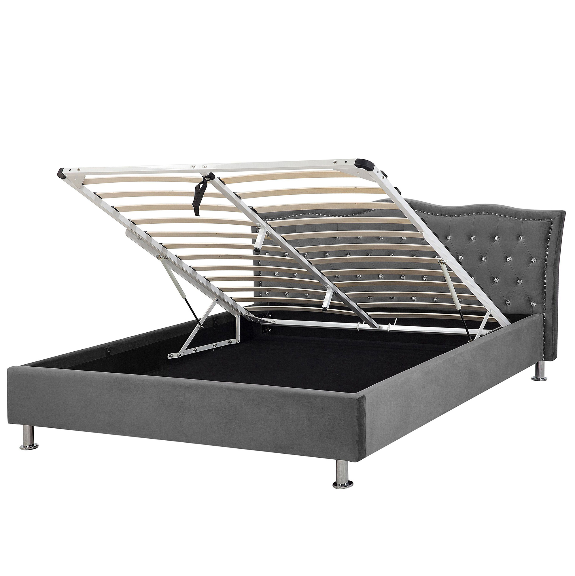 Beliani EU King Size Bed Dark Grey Velvet 5ft3 Upholstered Frame with Storage Nailhead Trim Crystal Buttons Headrest