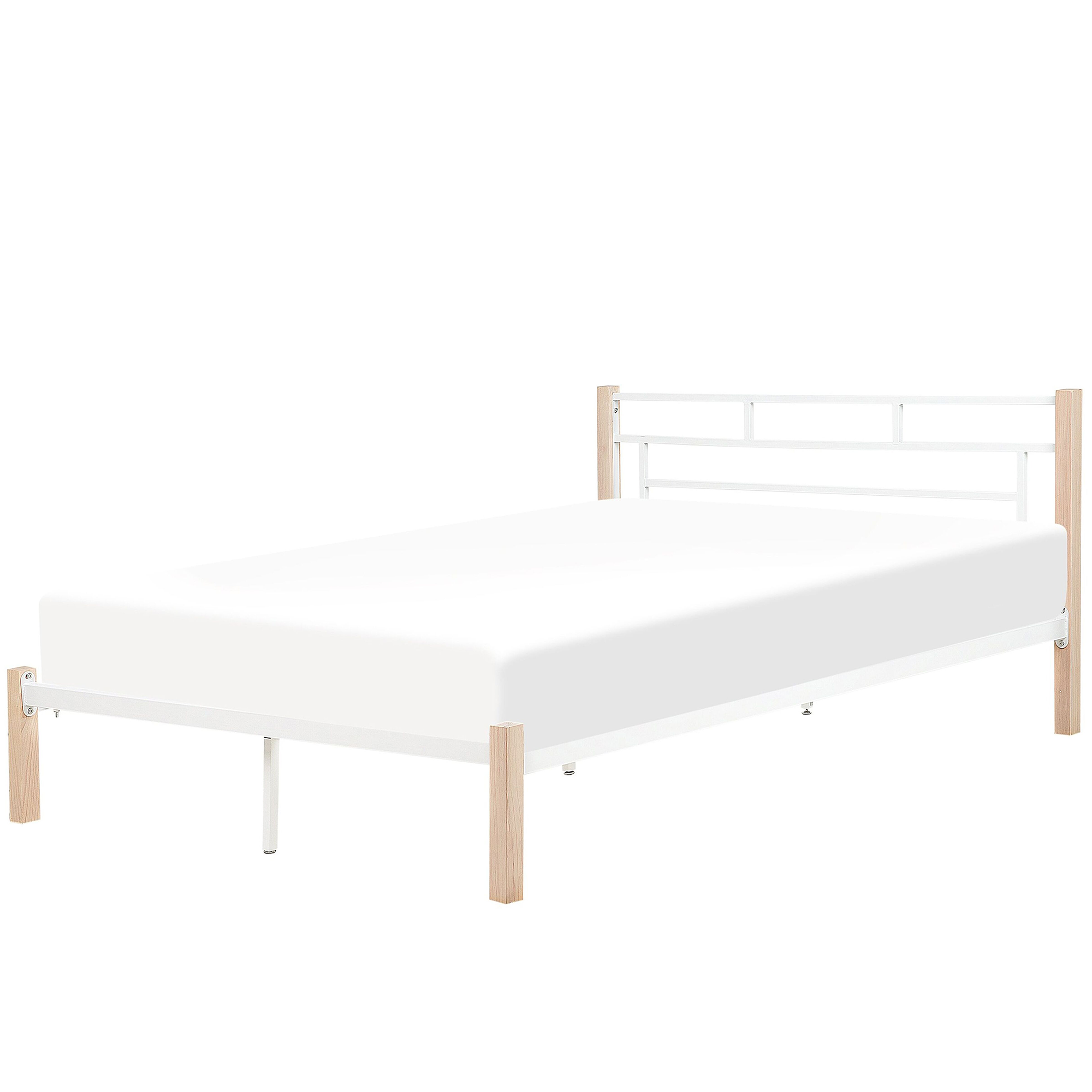 Beliani Bed Frame White Metal with Light Wood Legs EU Super King Size 6ft Contemporary Design