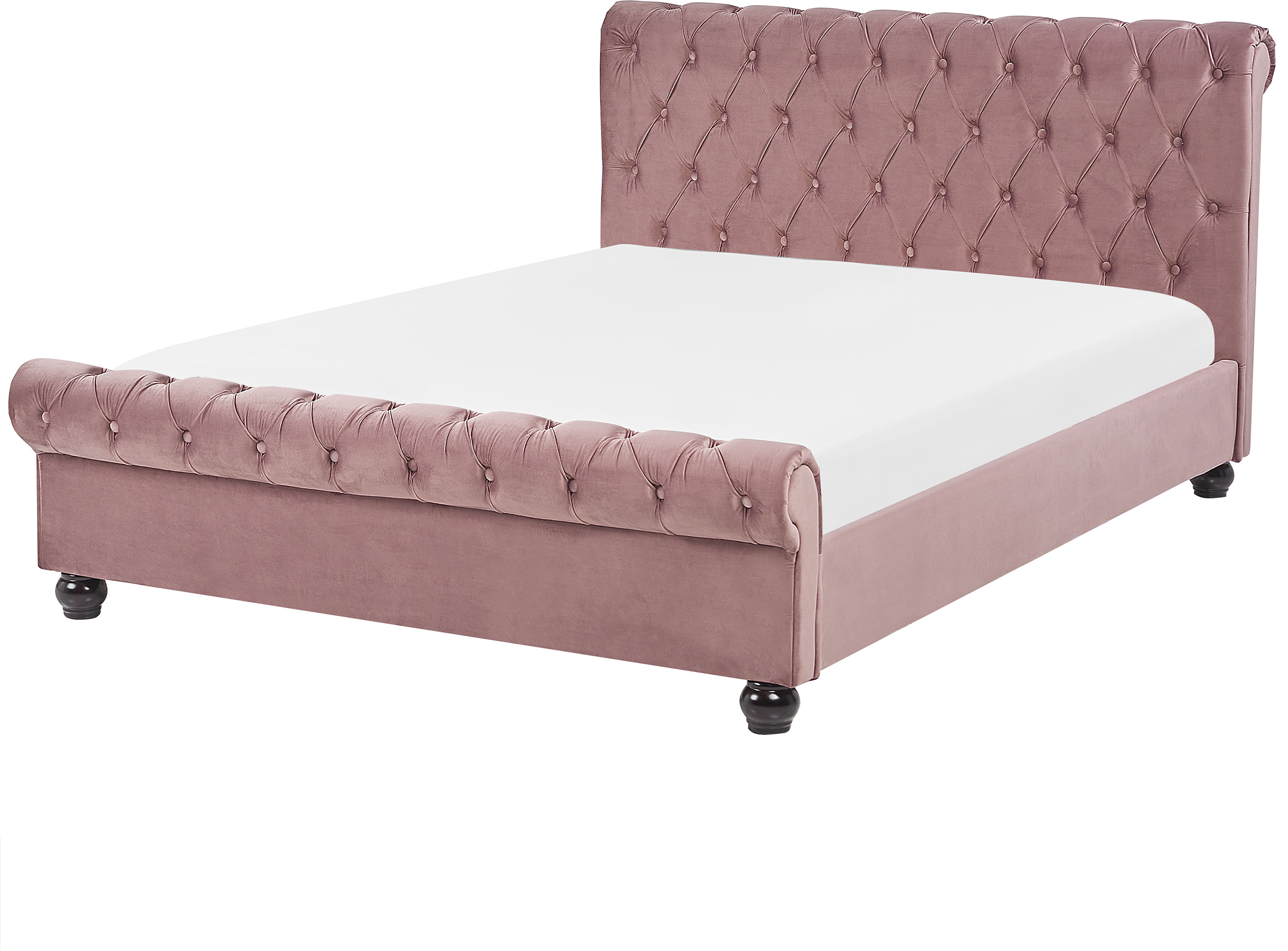 Beliani Bed Frame Pink Velvet Upholstery Black Wooden Legs EU Double Size 4ft6 Buttoned Glam