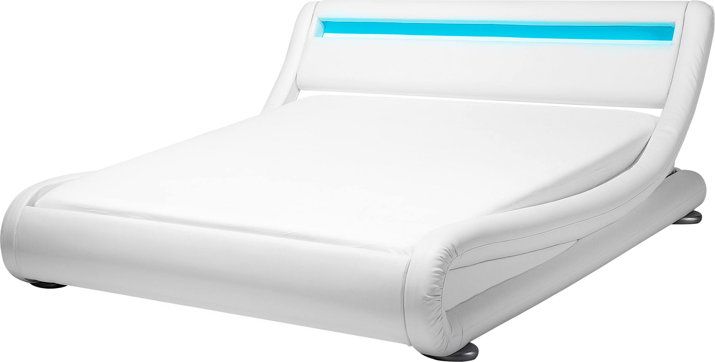 Beliani Platform Bed Frame White Faux Leather Upholstered LED Illuminated Headboard 4ft6 EU Double Size Sleigh Design