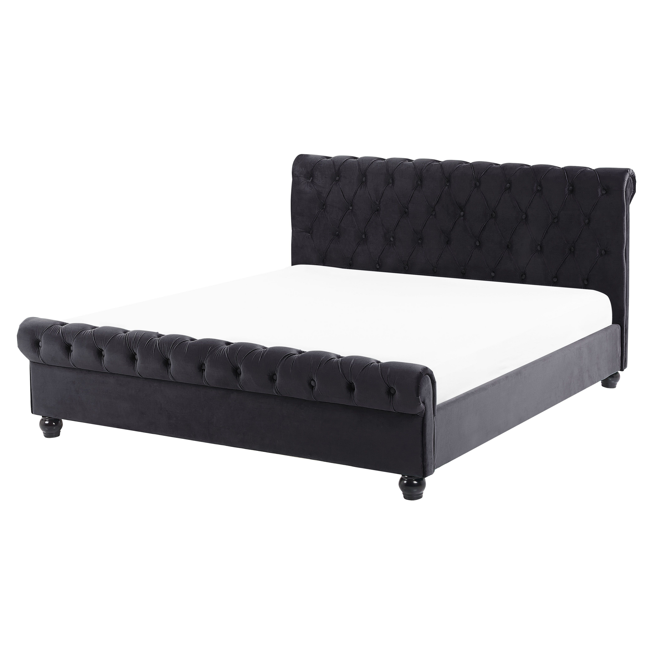 Beliani Bed Frame Black Velvet Upholstery Black Wooden Legs King Size 5ft3 Buttoned Glam