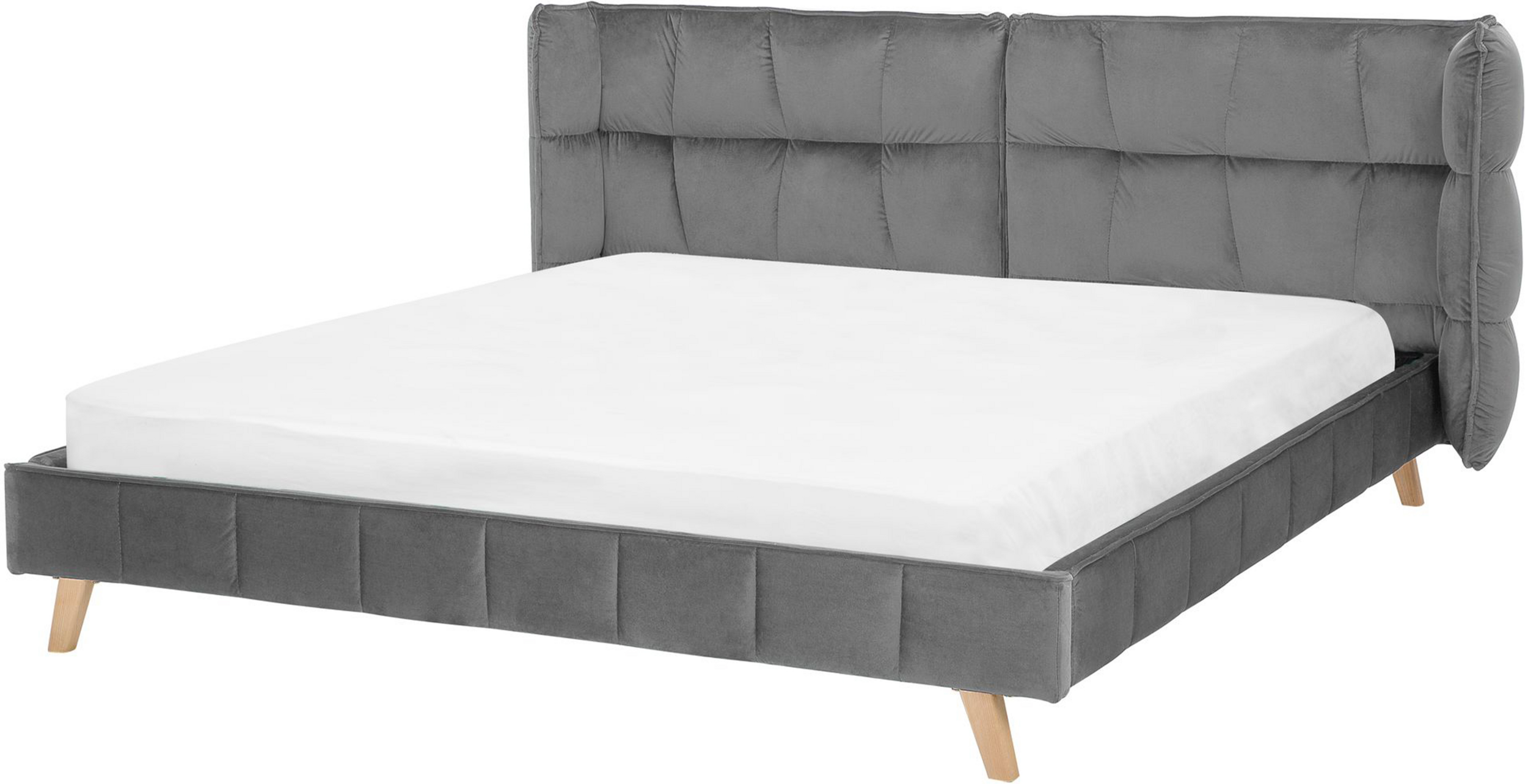 Beliani Bed Frame Grey Velvet Tufted Upholstery Light Wood Legs EU Super King Size 6ft Slatted with Adjustable Wingback Headboard