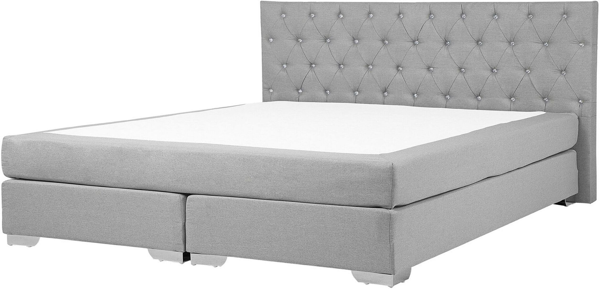 Beliani EU Super King Divan Bed Grey Fabric Upholstered 6ft Frame with Mattress and Button Tufted Headrest