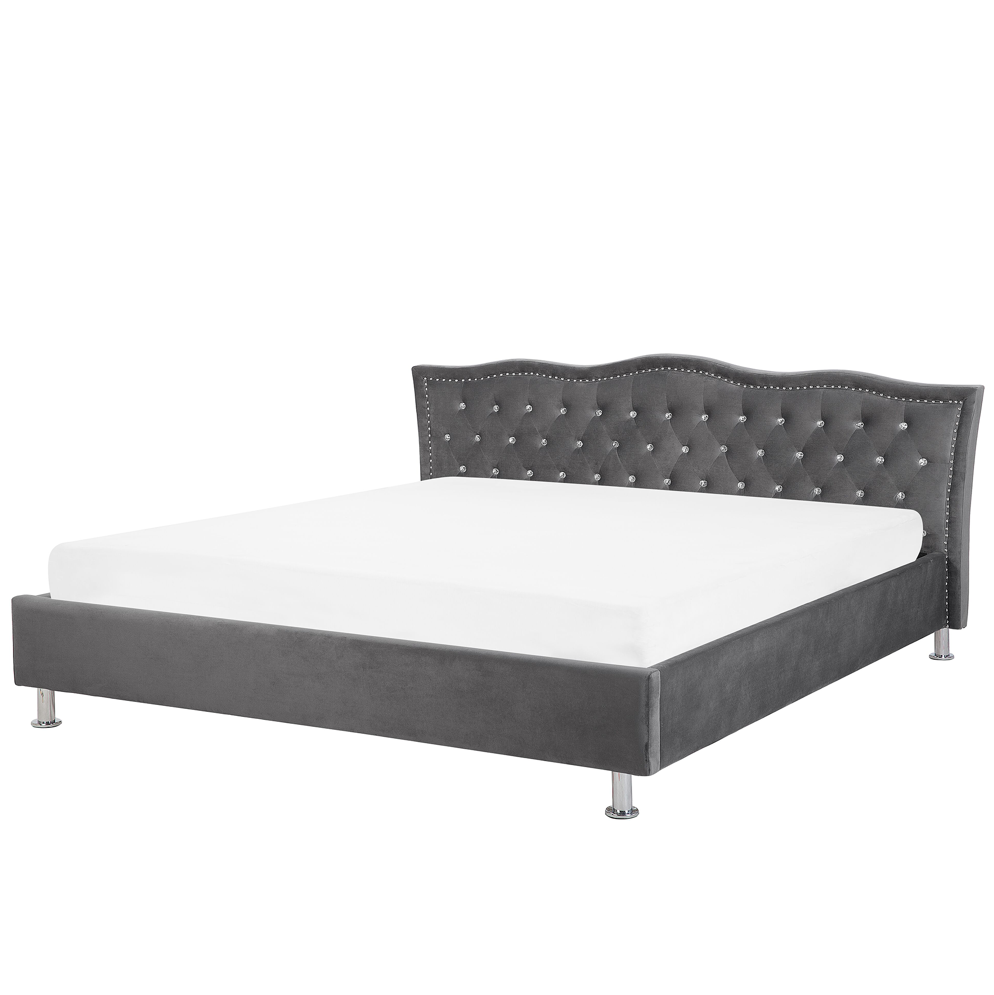 Beliani EU Super King Size Bed Dark Grey Velvet 6ft Upholstered Frame Nailhead Trim Crystal Buttons Headrest