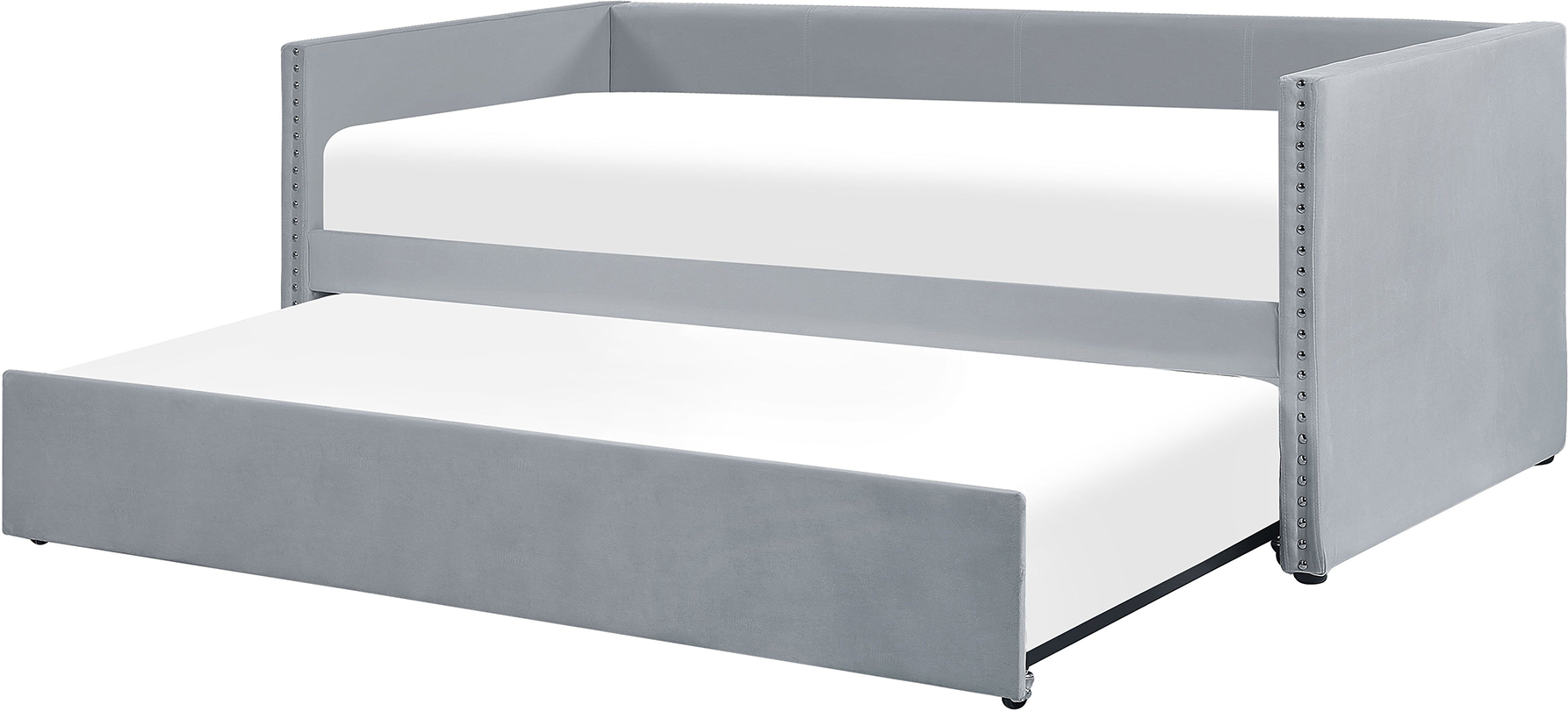 Beliani Trundle Bed Light Grey Velvet EU Single Wooden Slats Daybed Glamour Decorative Studs