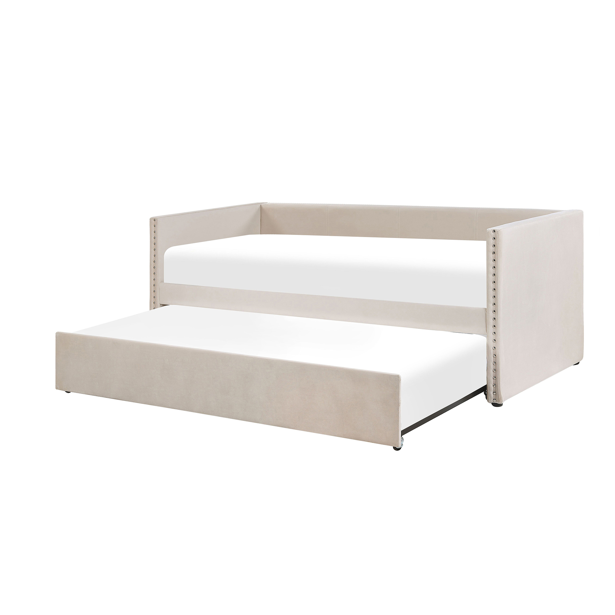 Beliani Trundle Bed Light Beige Velvet EU Small Single Wooden Slats Daybed Glamour Decorative Studs