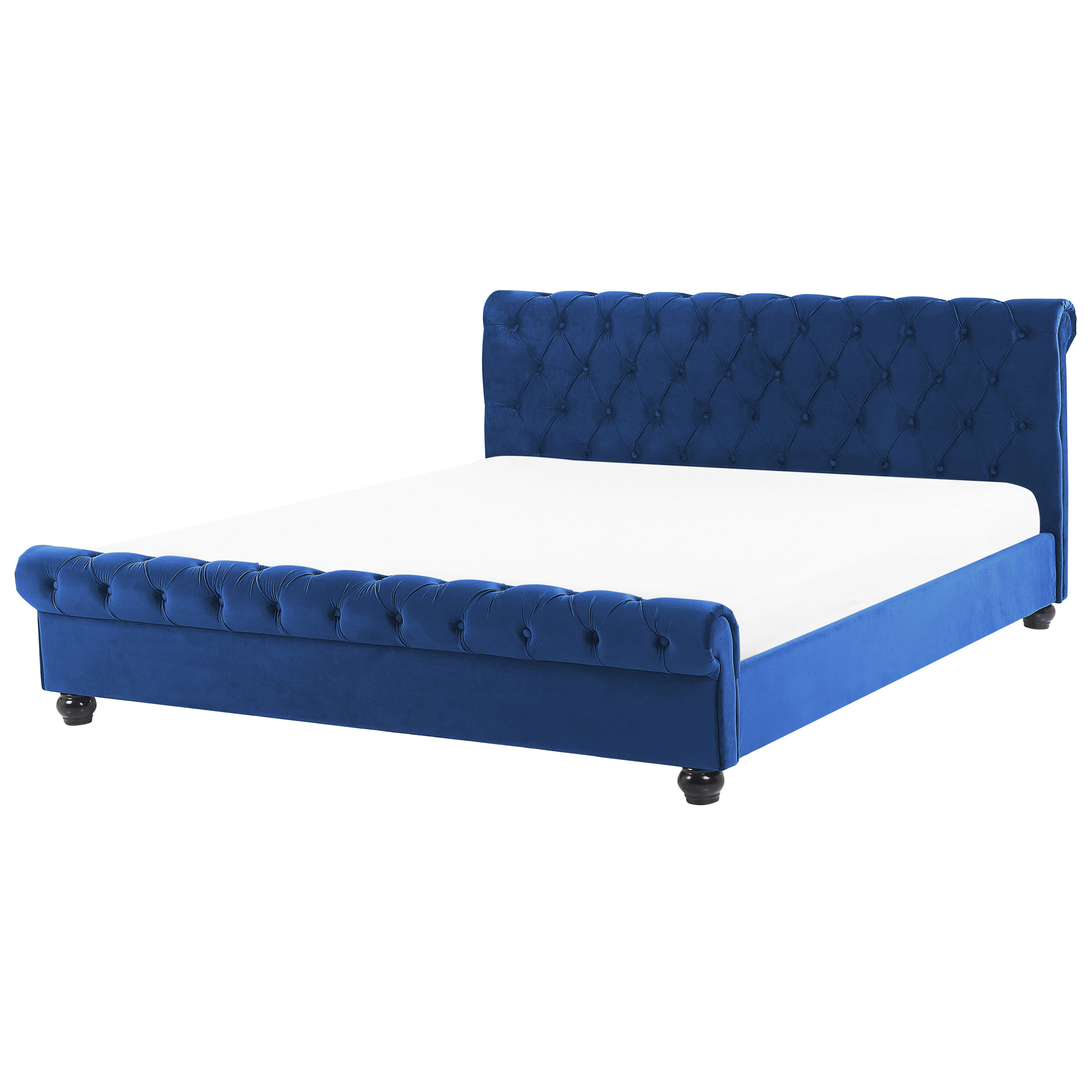 Beliani Bed Frame Blue Velvet Upholstery Black Wooden Legs Super King Size 6ft Buttoned Glam