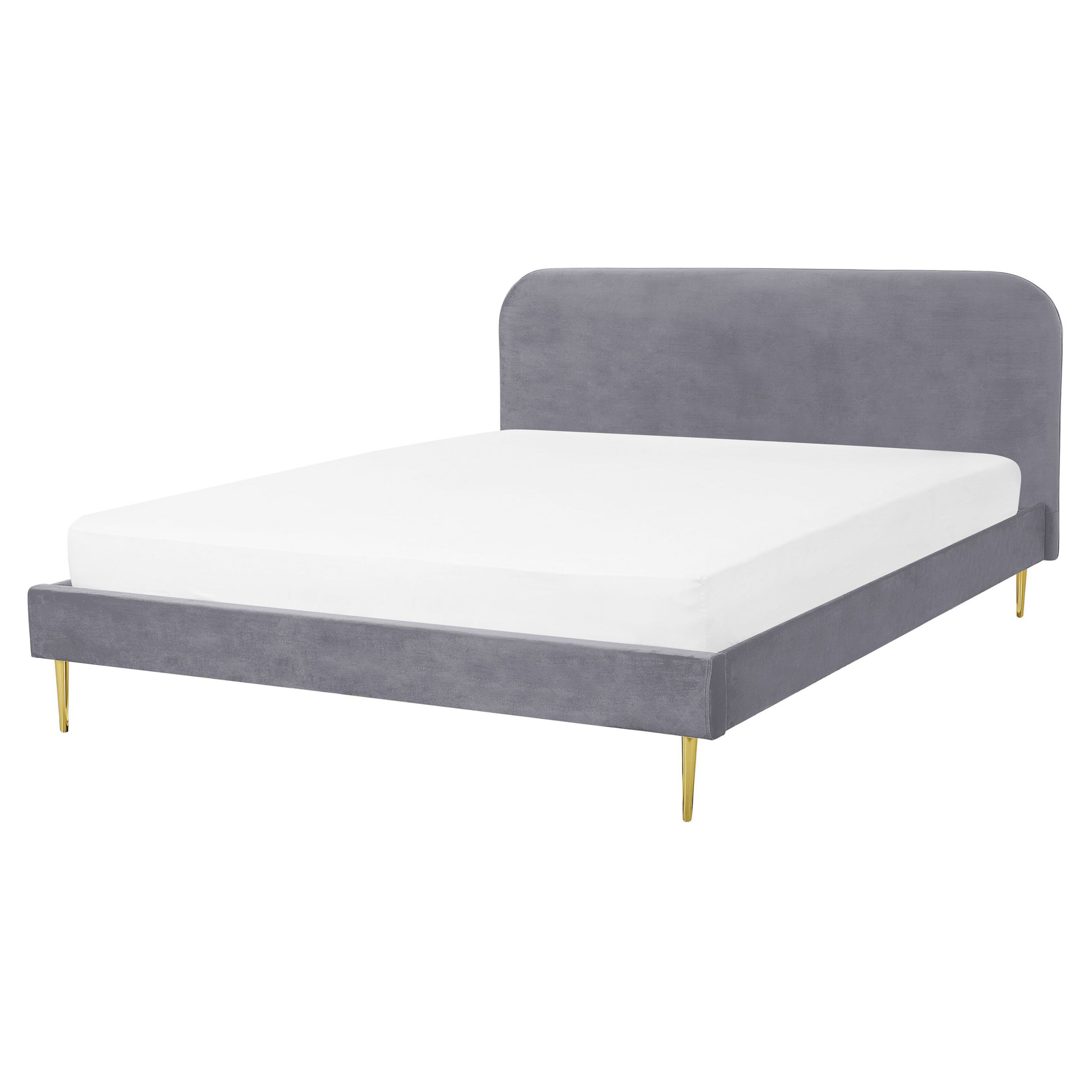 Beliani Bed Grey Velvet Upholstery EU King Size Golden Legs Headboard Slatted Frame 5.3 ft Minimalist Design