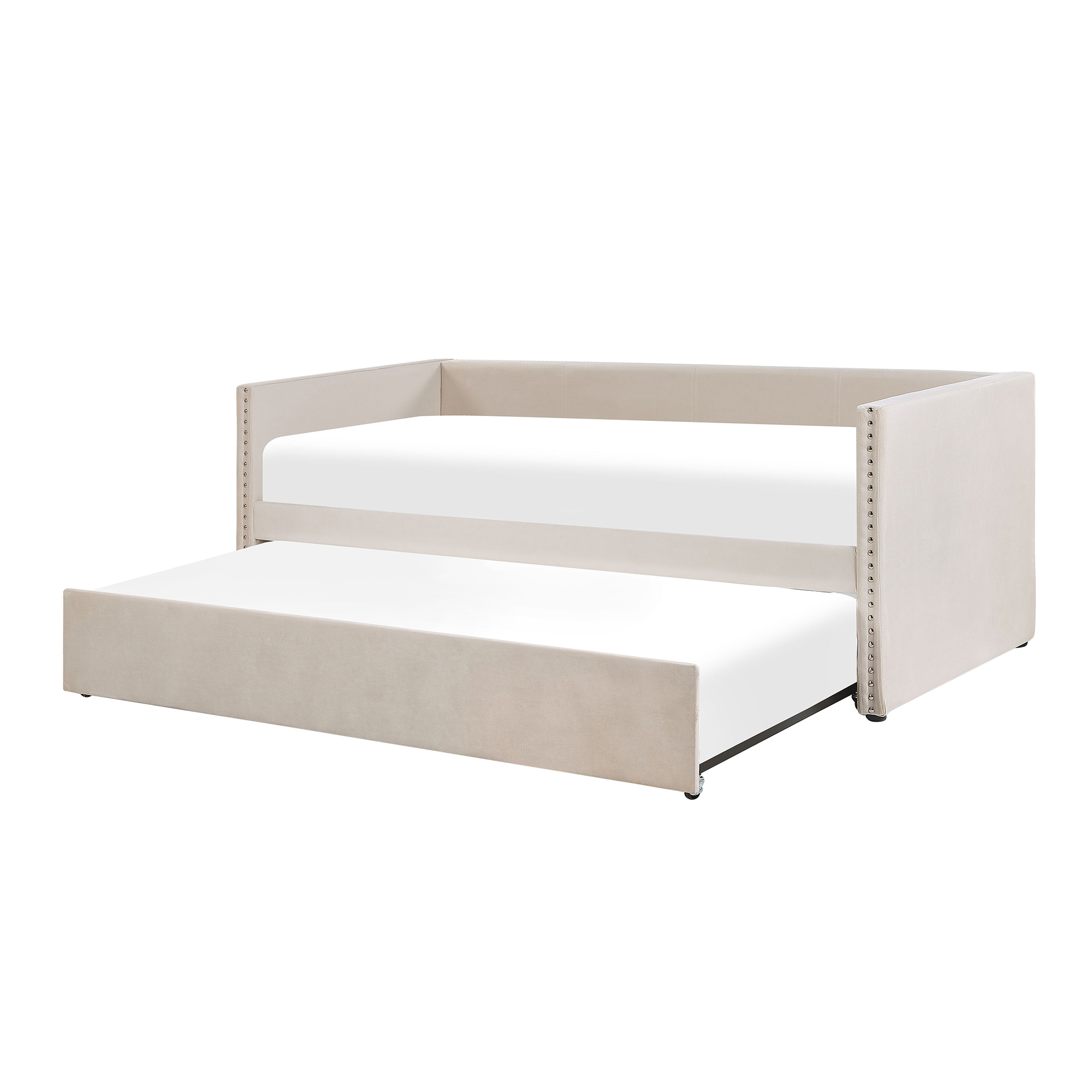 Beliani Trundle Bed Light Beige Velvet EU Single Wooden Slats Daybed Glamour Decorative Studs