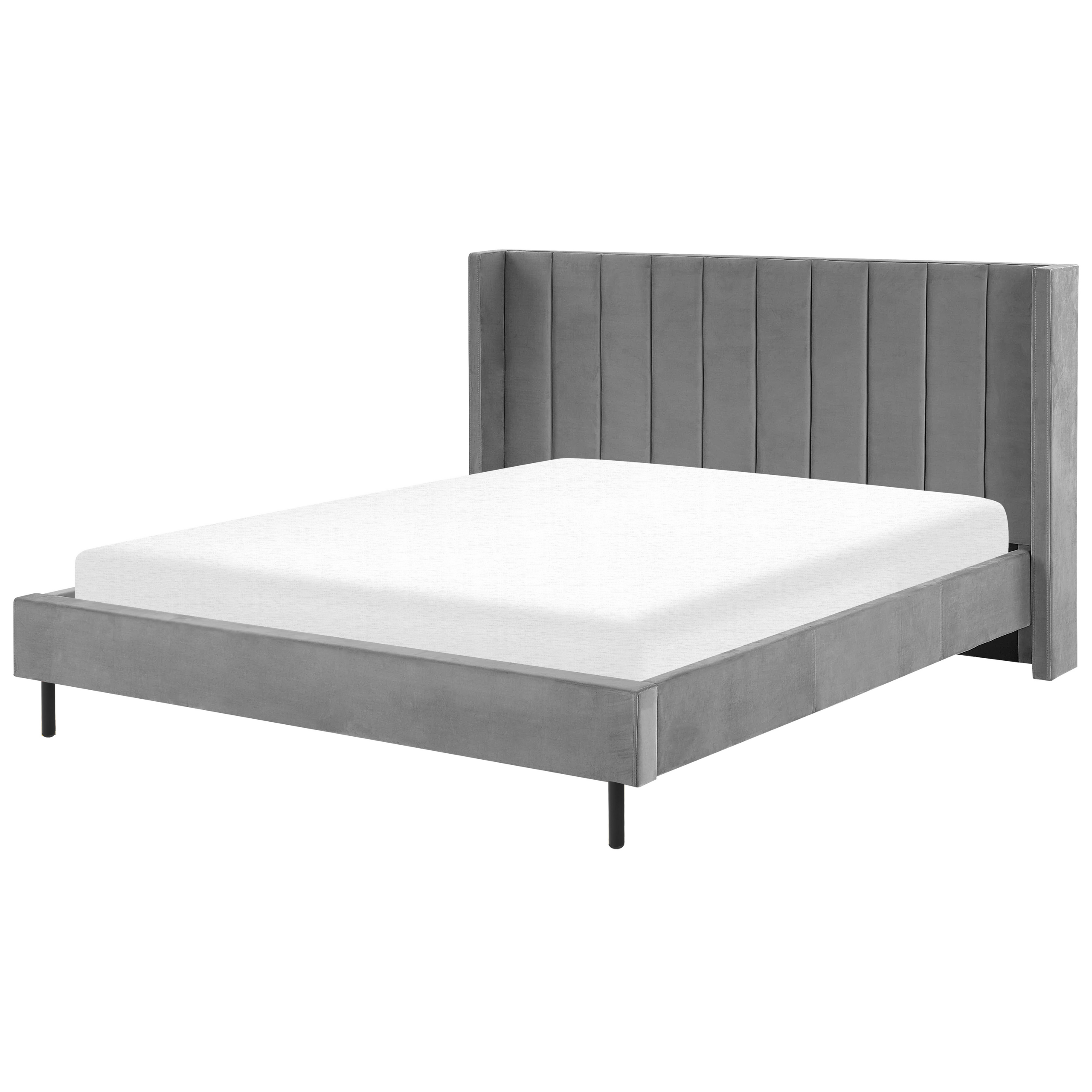 Beliani EU Super King Size Bed Frame 6ft Grey Velvet Slatted Base