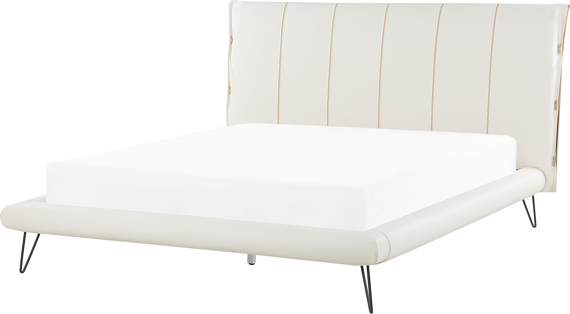 Beliani EU King Size Bed White Faux Leather Metal Legs 5ft3 Upholstered Frame Headboard