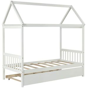 URTR White Wooden Twin Size Bed Frame with Trundle House Bed with Roof, Canopy Bed Daybed for Boys, Girls and Teens