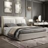 Homary White Wingback King Bed with Faux Leather Upholstered Headboard & Wood Slats