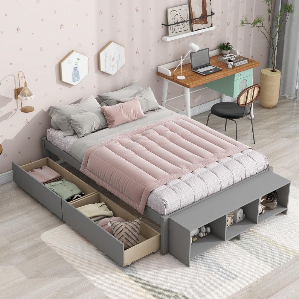 Harper & Bright Designs Gray Wood Frame Full Size Platform Bed with Storage Case and 2-Drawer