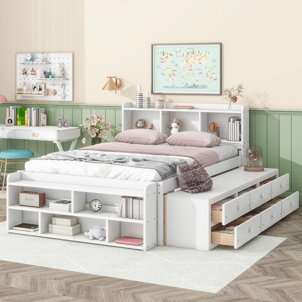 Harper & Bright Designs White Wood Frame Full Size Platform Bed with Bookcase Headboard, 6-Underbed Drawers, Bed End Storage Case