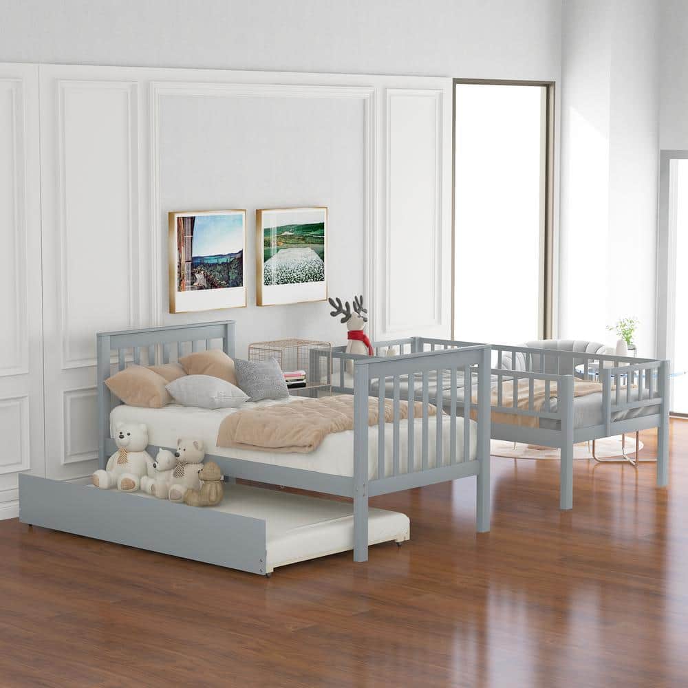 ANBAZAR Gray Multi-functional Twin Size Bunk Beds With Book Shelves, Wood Bunk Bed Frame with Trundle and Stairways for Kids