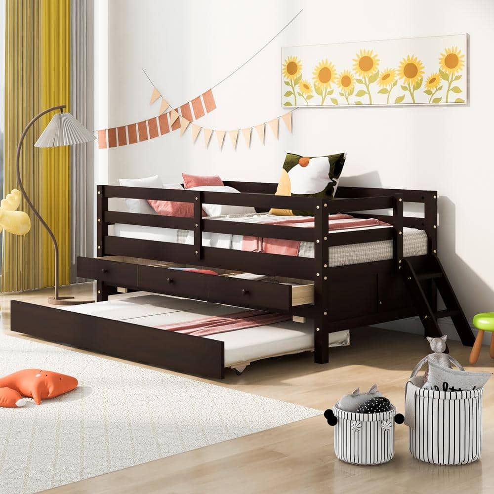 Harper & Bright Designs Espresso Wood Frame Twin Low Loft Bed with 3-Drawers, Twin Trundle, Mini Sloping Ladder, Full Safety Fence