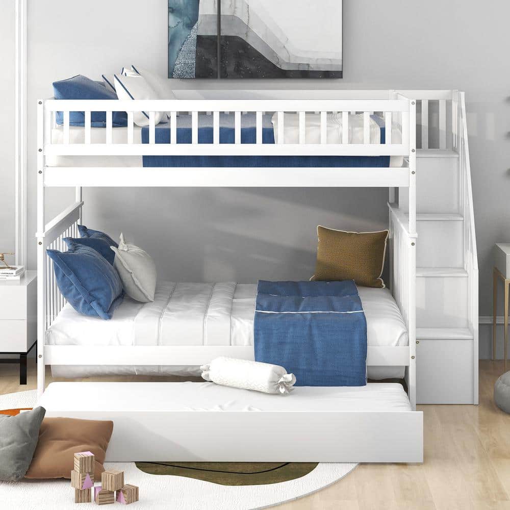 ANBAZAR White Full Over Full Wood Bunk Bed With Stairs and Trundle, Detachable Full Kids Bunk Beds with Book Shelves