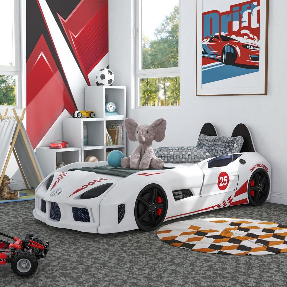 Furniture of America Copperstone White Twin Kid's Race Car Bed with LED Lights