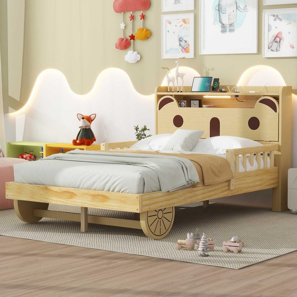 Harper & Bright Designs Natural Wood Full Bear-Shaped Kids Bed, Platform Bed with Hidden Storage Headboard, USB, LED Lights