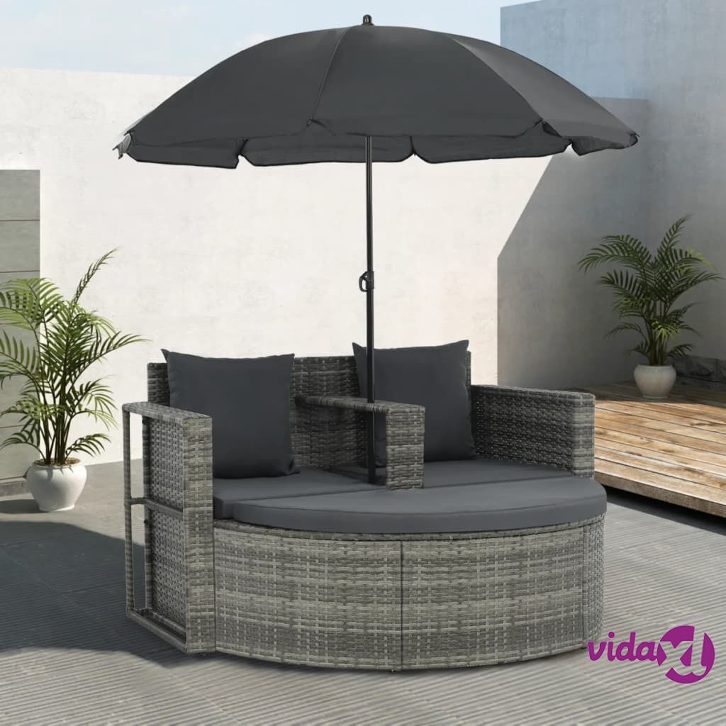 vidaXL 2 Seater Garden Sofa with Cushions and Parasol Grey Poly Rattan