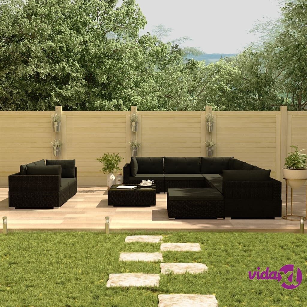 vidaXL 10 Piece Garden Lounge Set with Cushions Poly Rattan Black