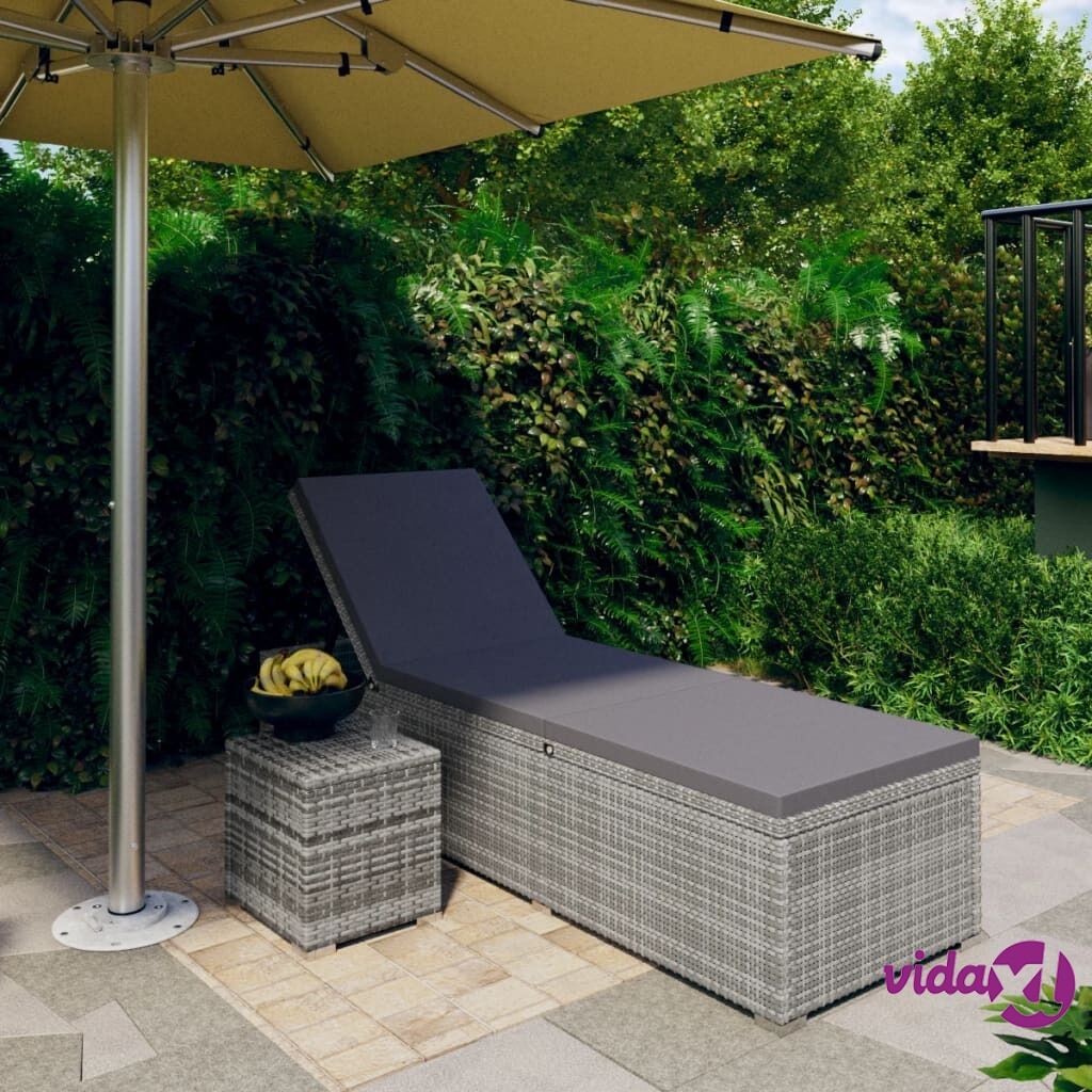 vidaXL Sun Lounger with Cushion and Tea Table Poly Rattan Grey