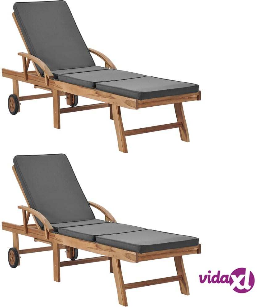 vidaXL Sun Loungers with Cushions 2 pcs Solid Teak Wood Dark Grey