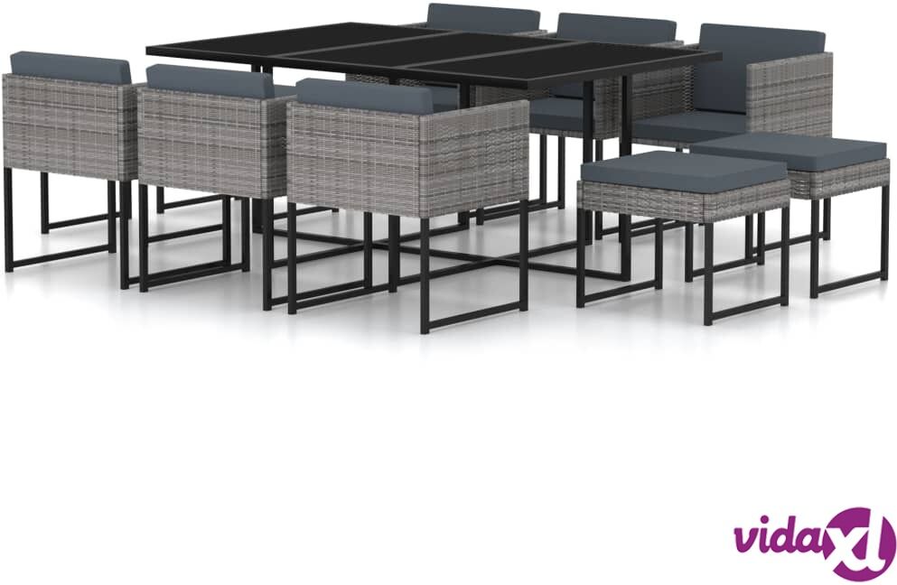 vidaXL 11 Piece Garden Dining Set with Cushions Poly Rattan Grey