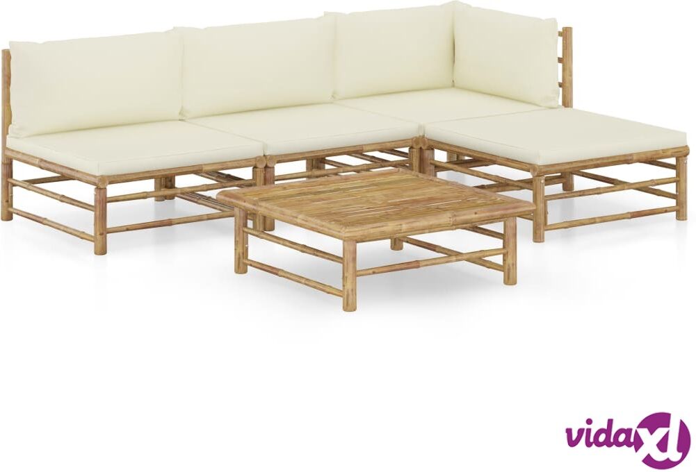 vidaXL 5 Piece Garden Lounge Set with Cream White Cushions Bamboo