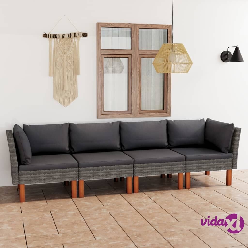 vidaXL 4-Seater Garden Sofa with Cushions Grey Poly Rattan