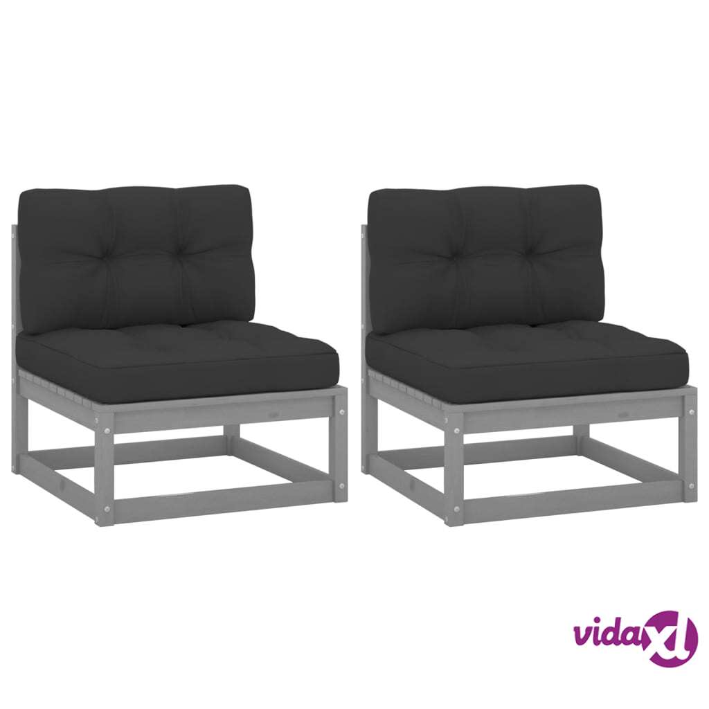 vidaXL Garden Middle Sofas with Cushions 2 pcs Grey Solid Pinewood