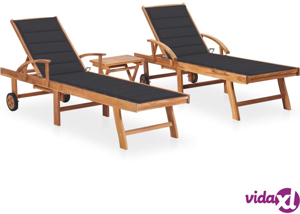 vidaXL Sun Loungers 2 pcs with Table and Cushion Solid Teak Wood