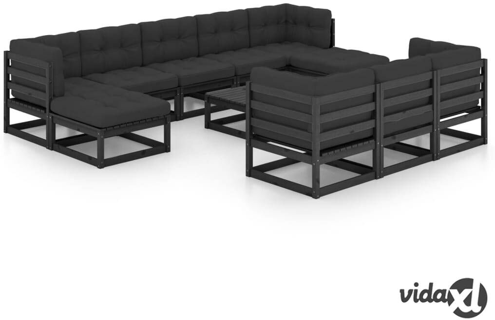 vidaXL 11 Piece Garden Lounge Set with Cushions Black Solid Pinewood