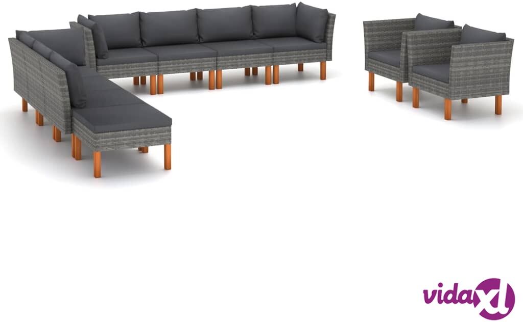 vidaXL 10 Piece Garden Lounge Set Poly Rattan and Eucalyptus Wood Grey