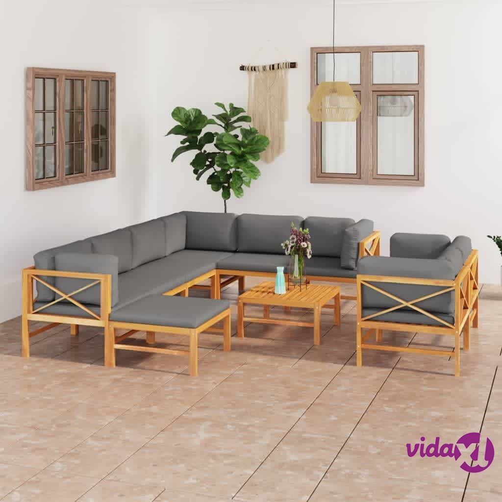 vidaXL 10 Piece Garden Lounge Set with Grey Cushions Solid Teak Wood