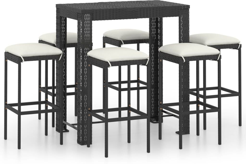 vidaXL Ensemble de bar de jardin 7 pcs et coussins Résine tressée Noir