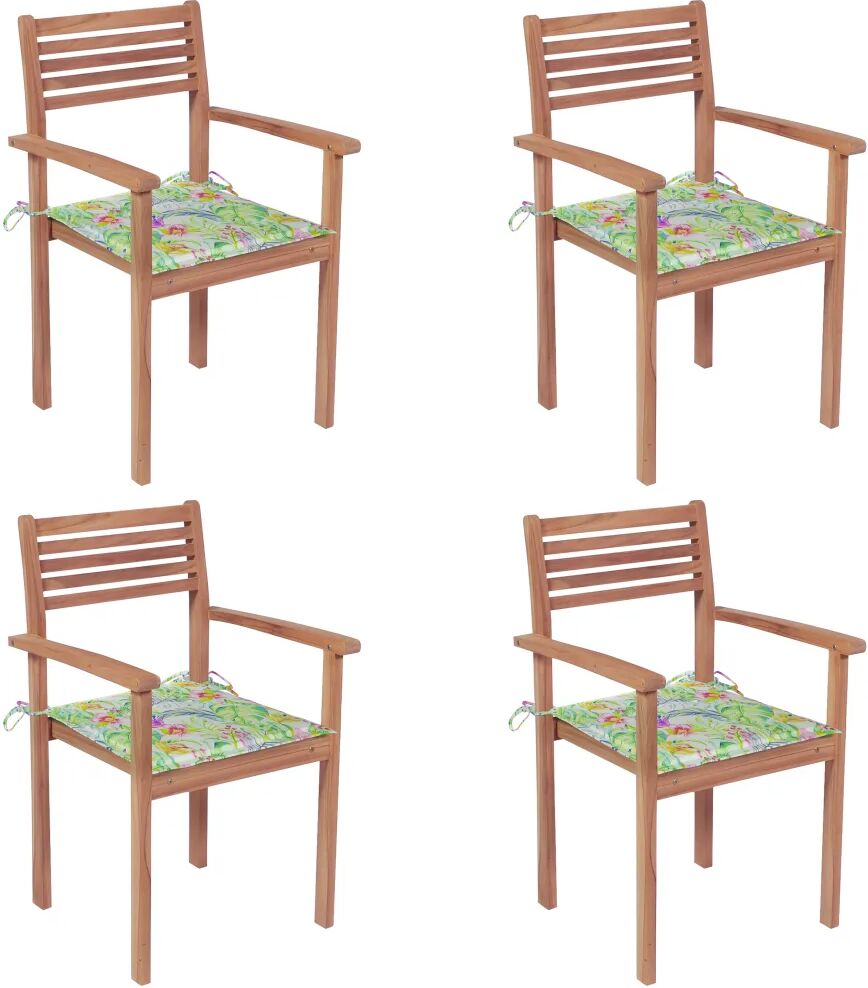 vidaXL Chaises de jardin 4 pcs avec coussins à motif de feuilles Teck