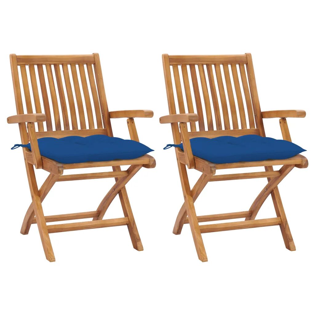 vidaXL Chaises de jardin 2 pcs avec coussins bleu Bois de teck massif