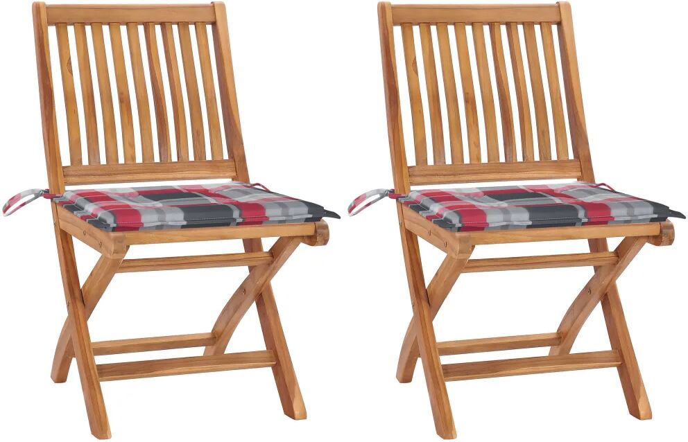 vidaXL Chaises de jardin 2 pcs avec coussins à carreaux rouge Teck