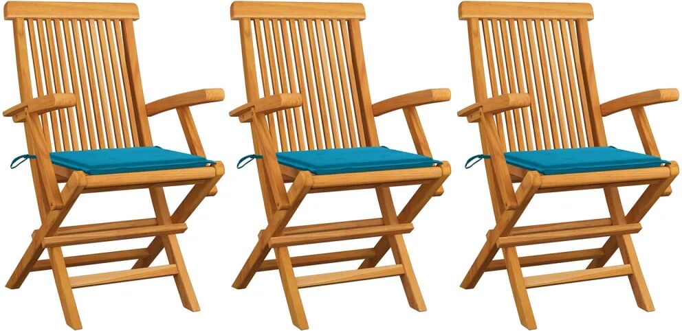 vidaXL Chaises de jardin avec coussins bleu 3 pcs Bois de teck massif