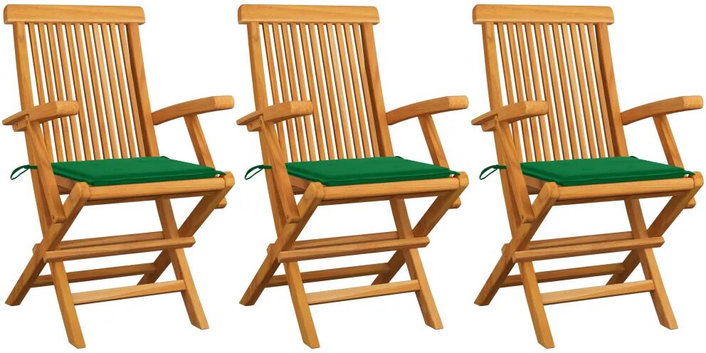 vidaXL Chaises de jardin avec coussins vert 3 pcs Bois de teck massif