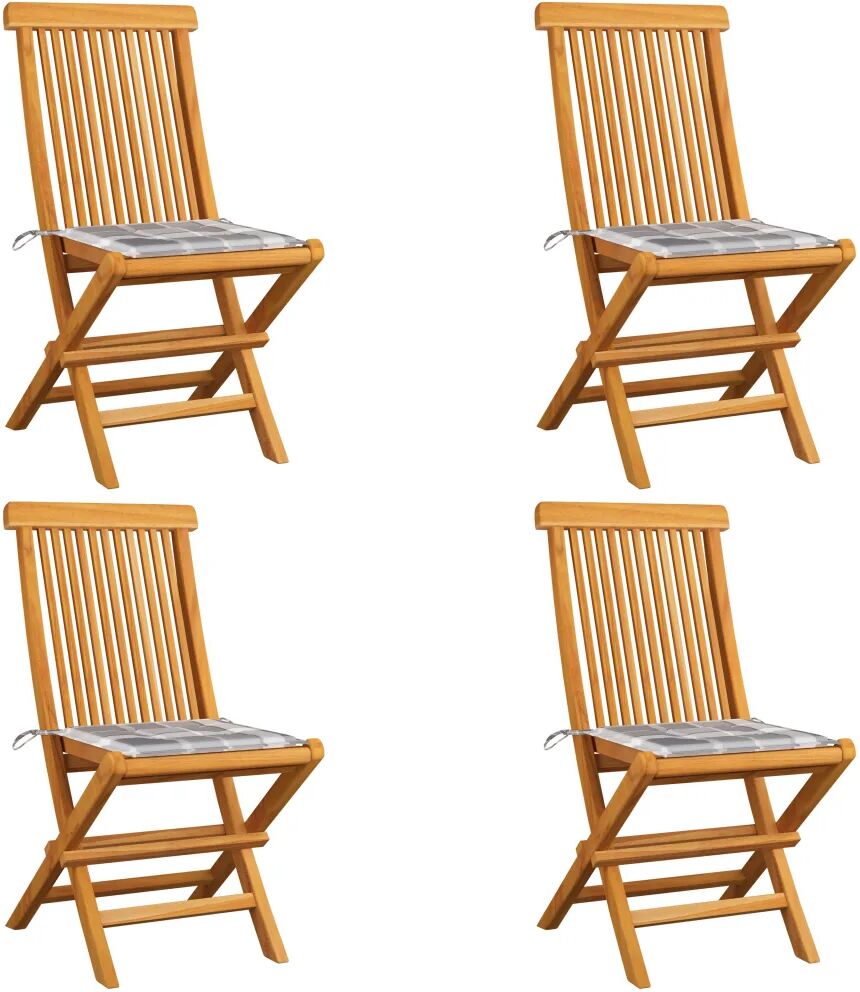 vidaXL Chaises de jardin et coussins à carreaux gris 4 pcs Teck massif